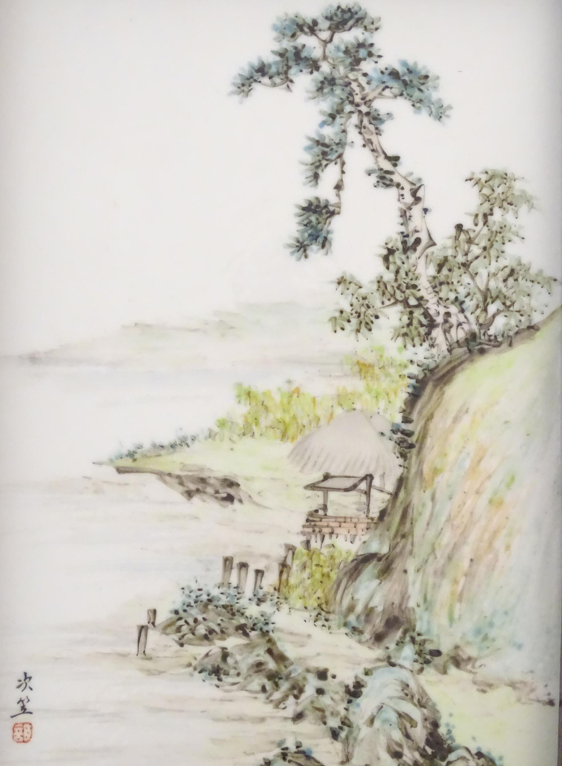 A Chinese porcelain plaque decorated with a coastal scene. Character marks lower left. Approx. 9 1/ - Image 3 of 3