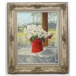 W. Heganek, 20th century, Oil on canvas, A still life study of flowers in a lidded jug with a