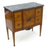 A 19thC marble top commode, having a kingwood and marquetry base with crossbanded drawers and ring