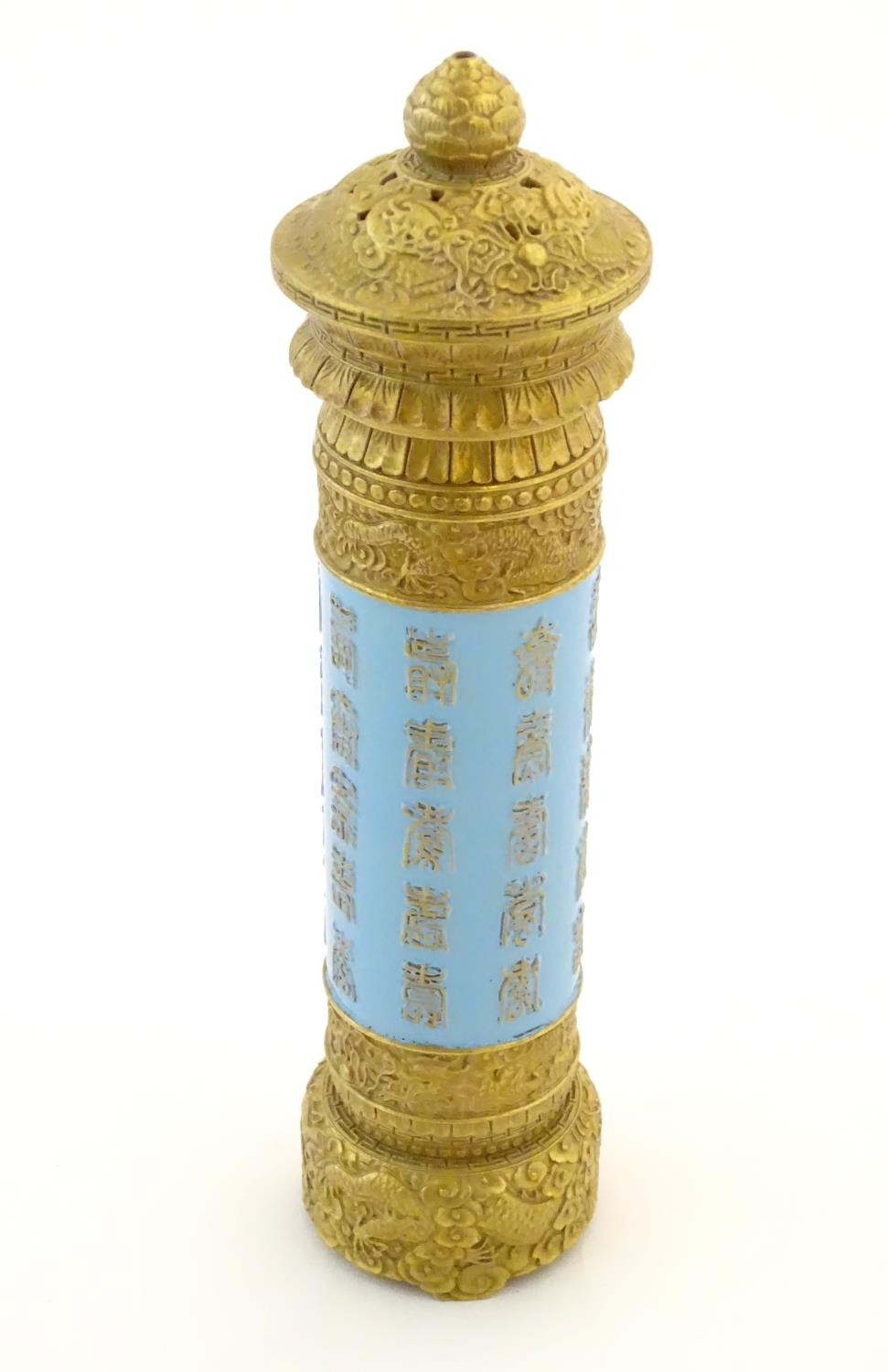A Chinese incense burner / stick holder / stand of cylindrical form. Decorated with Oriental - Image 3 of 7
