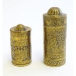 Two Persian brass containers with engraved banded decoration depicting oval vignettes with deity