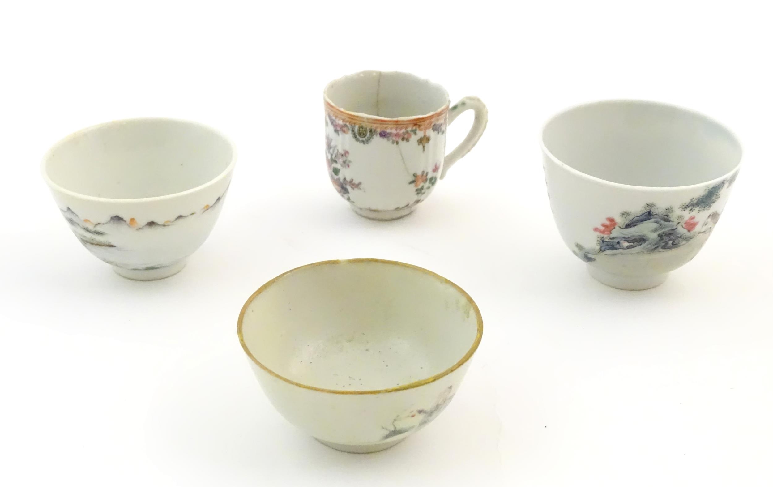 A quantity of assorted Chinese tea bowls, wine cups and saucers. Saucer decoration to include a - Image 9 of 12