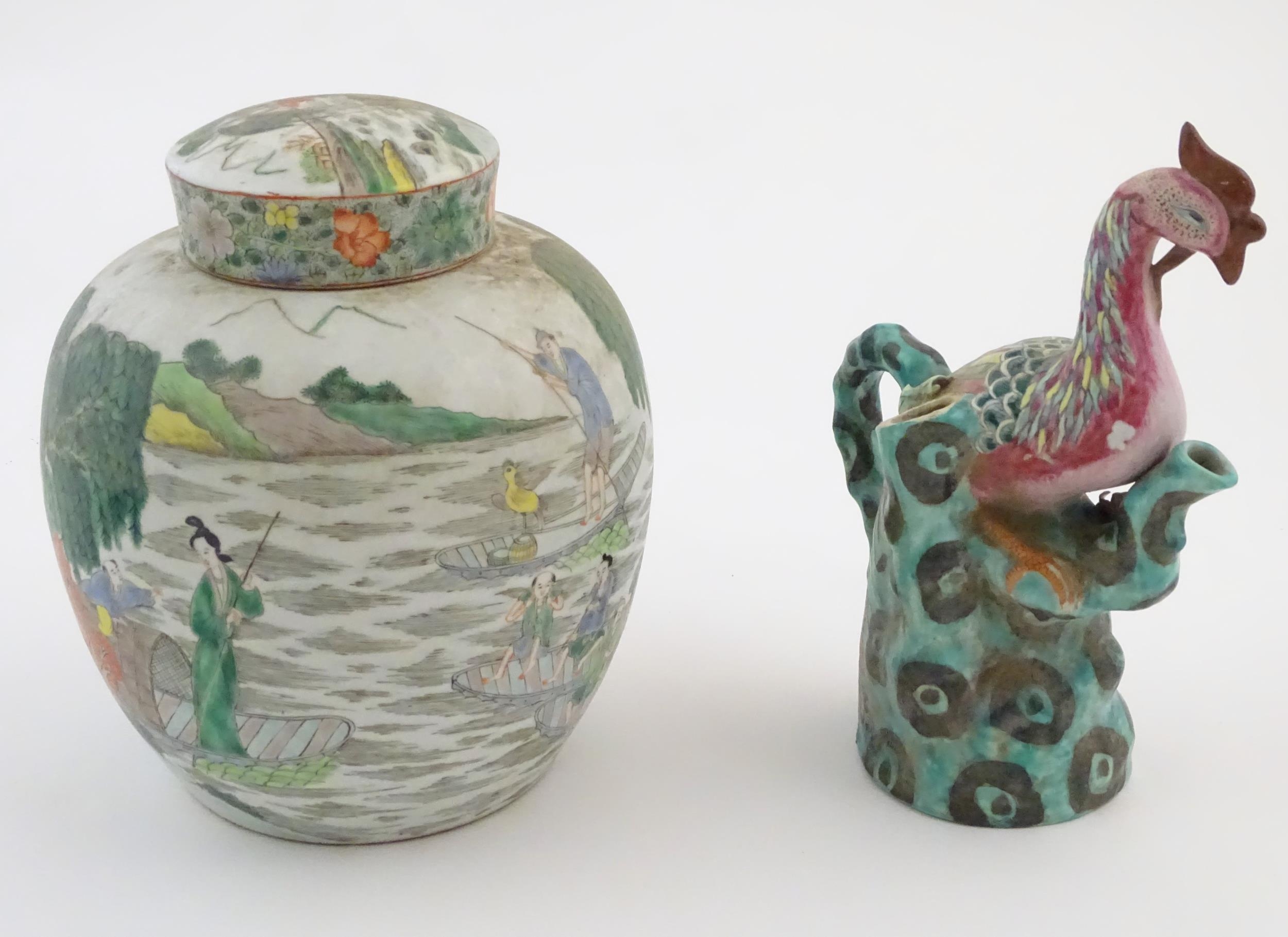 A Chinese ginger jar depicting a wooded river scene with figures on boats, to include men, women, - Image 3 of 8