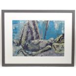 Sue Kirk, 20th century, Acrylic on paper, Lying in Turquoise, An abstract reclining nude. Signed and