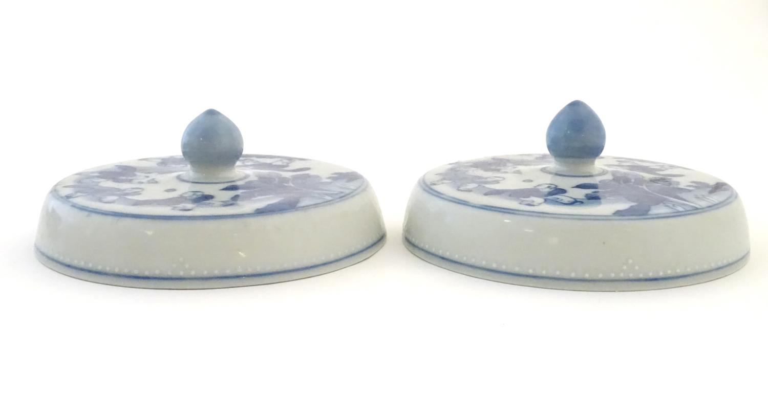 Two Chinese blue and white lids with figures in a landscape. Approx. 6 1/2" diameter (2) Please Note - Image 5 of 5