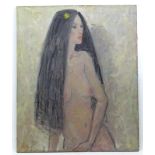 Nicky, 20th century, Oil on canvas, A portrait of a female nude with a flower in her hair. Signed