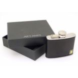 A boxed Artamis 4oz hip flask, steel with leather cover, 4" wide Please Note - we do not make