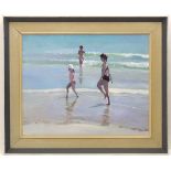 Peter Z Phillips, 20th century, Oil on canvas, Three children paddling in the sea. Signed lower