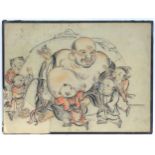 A Chinese hand coloured print depicting Hotei surrounded by children. Character marked middle