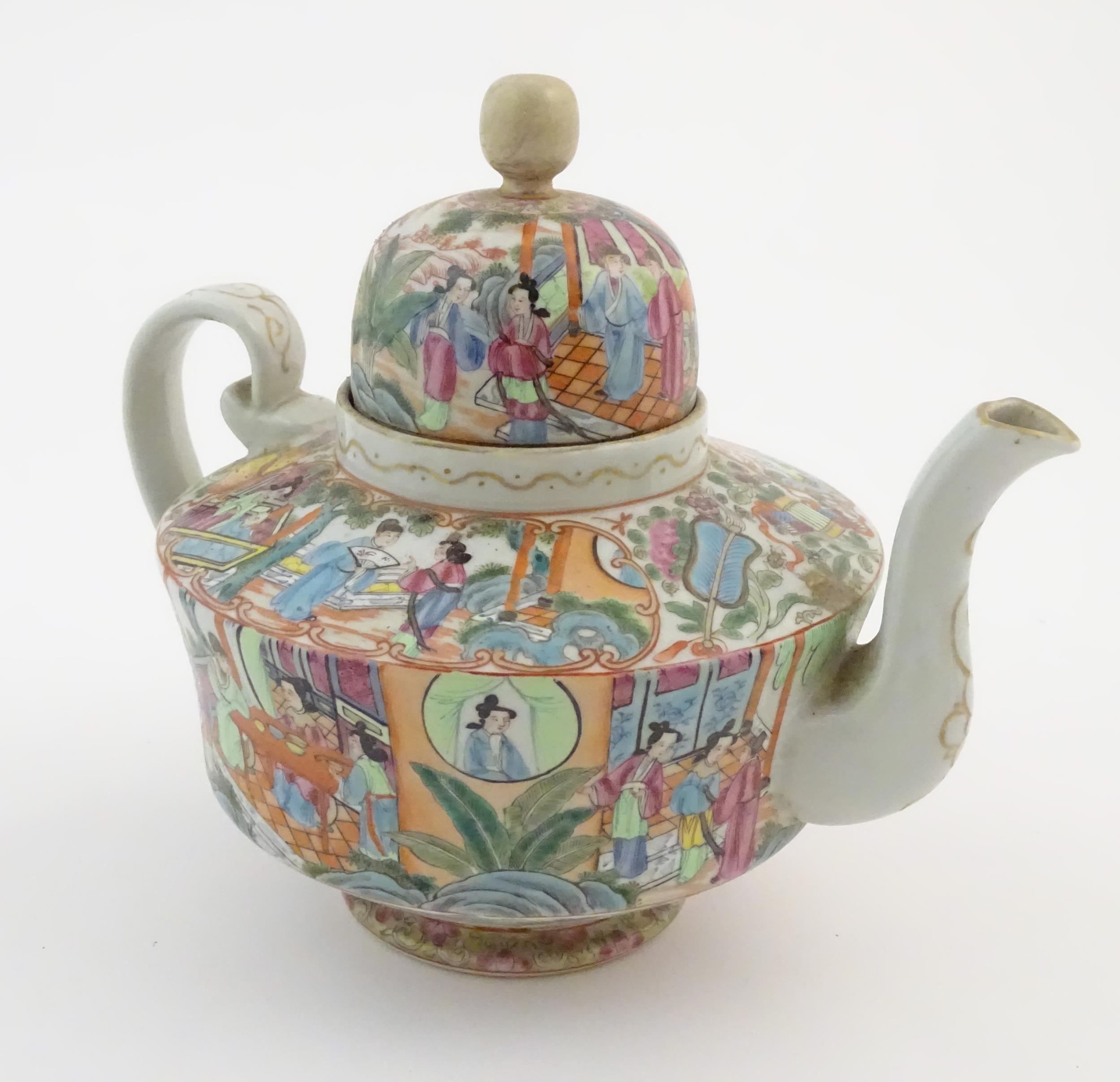 A Chinese famille rose teapot decorated with figures drinking tea, figures on a terrace with fans, - Image 2 of 9
