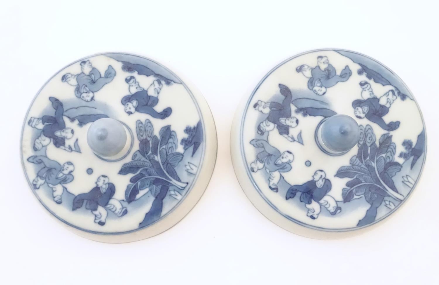 Two Chinese blue and white lids with figures in a landscape. Approx. 6 1/2" diameter (2) Please Note - Image 4 of 5