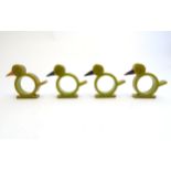 Four retro novelty phenolic Bakelite style napkin rings modelled as ducks. Approx. 2 1/2" (4) Please