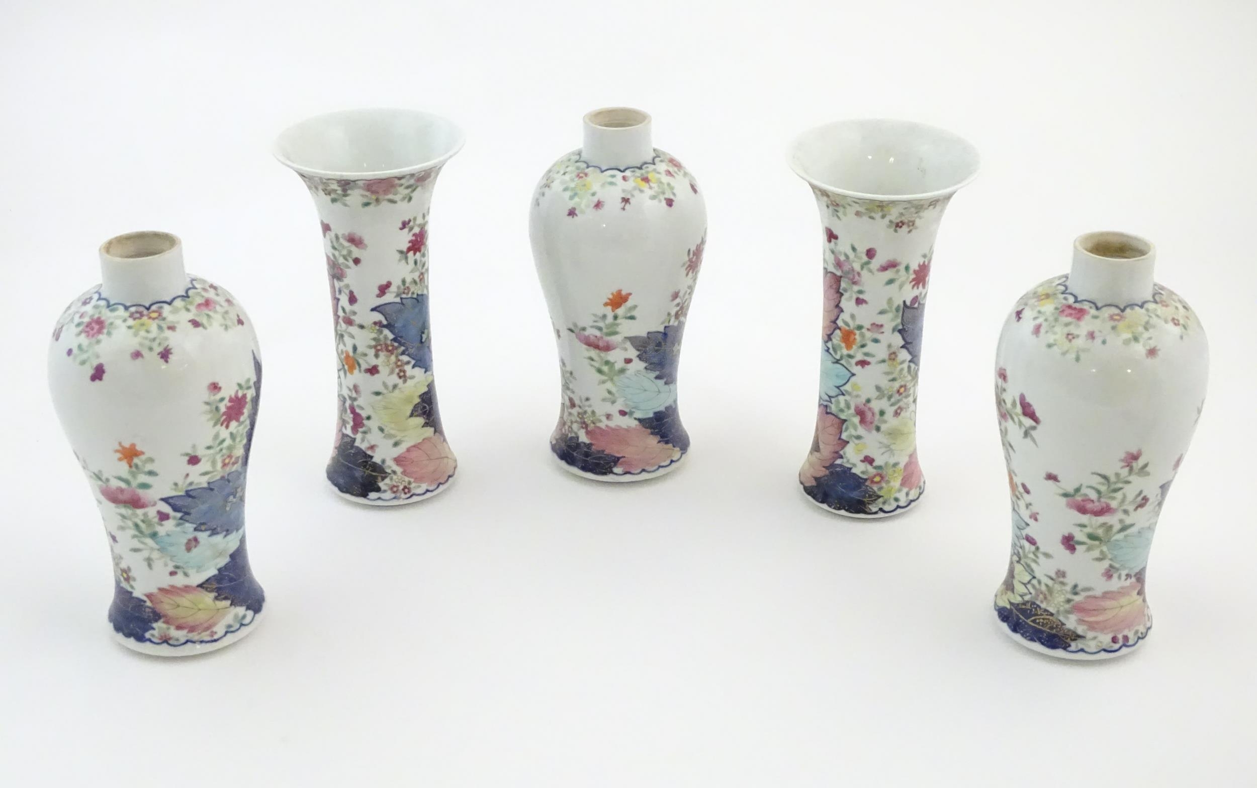 Five Chinese famille rose vases comprising two trumpet vases with floral and foliate detail, and - Image 5 of 8