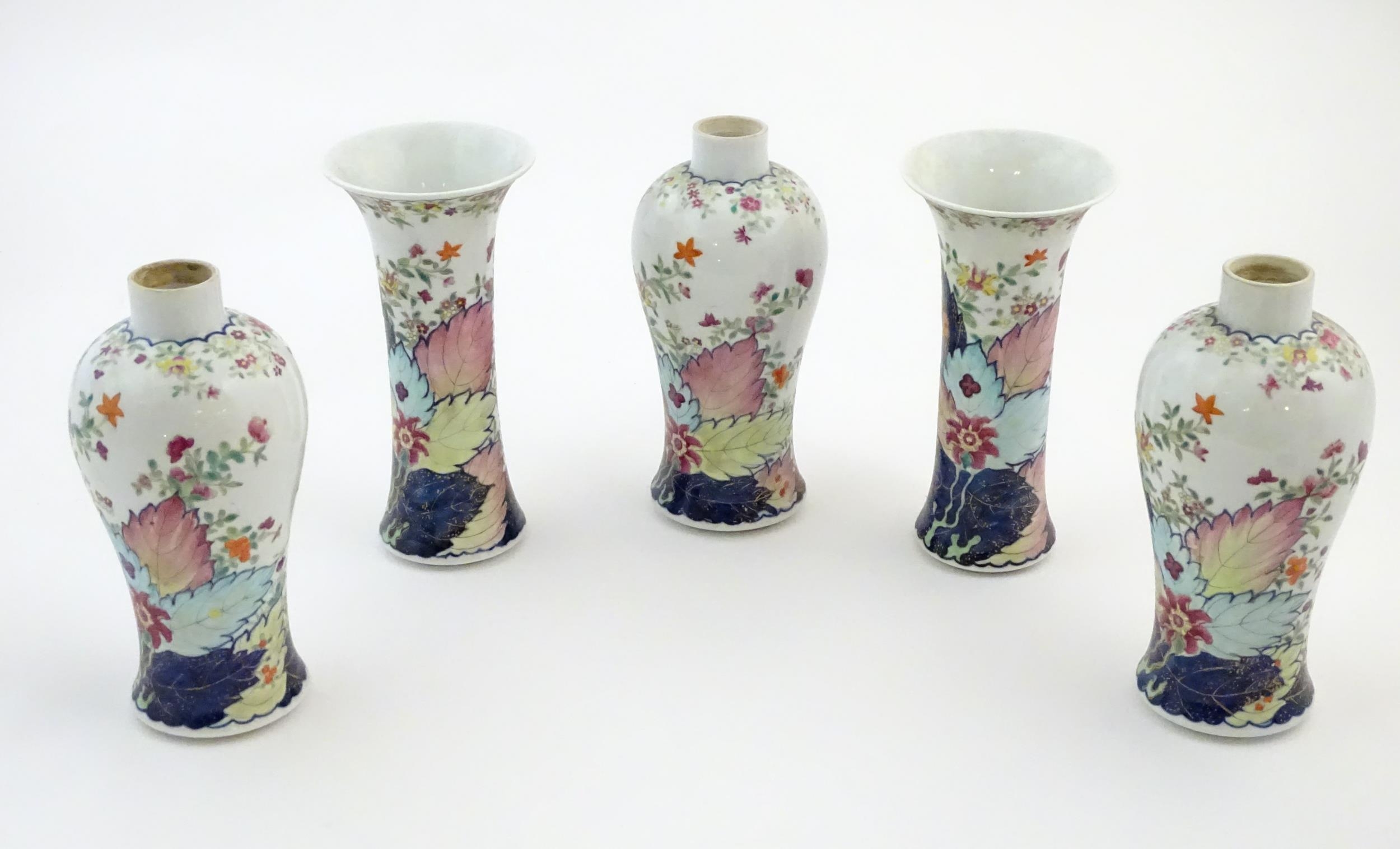 Five Chinese famille rose vases comprising two trumpet vases with floral and foliate detail, and - Image 4 of 8