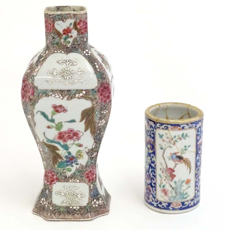 A Chinese vase with panelled peony and flower decoration. Together with a Chinese brush pot of