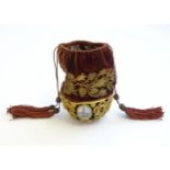 A 19thC velvet drawstring purse / pouch with gilt thread detail and pierced gilt metal basket