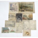A quantity of assorted watercolours, charcoal and pencil drawings to include, a clipper ship