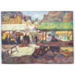 20th century, Continental School, Oil on canvas, A street scene with figures at a market. Approx. 14