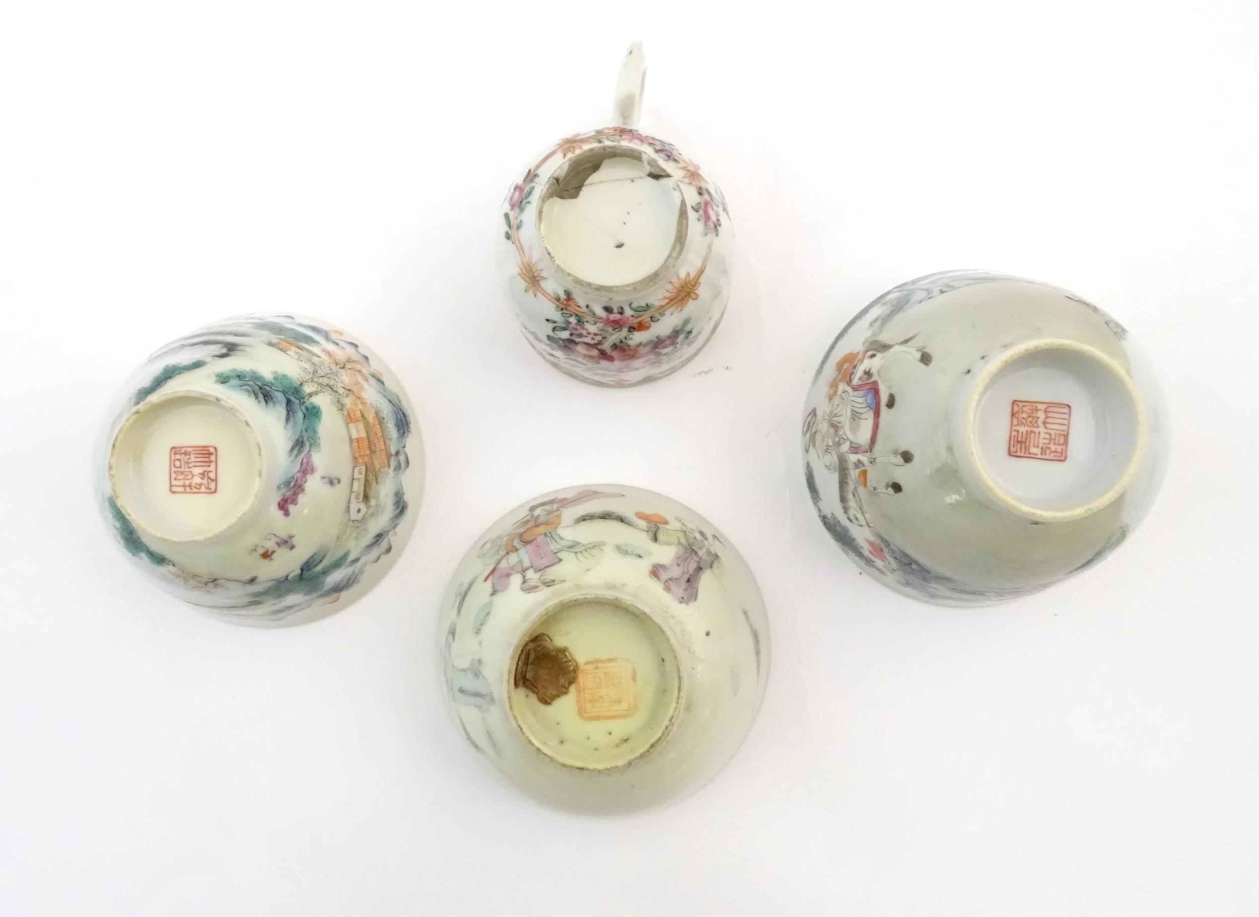 A quantity of assorted Chinese tea bowls, wine cups and saucers. Saucer decoration to include a - Image 11 of 12