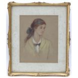Early 20th century, Pastel, A portrait of a young lady with a black bow in her brown hair. Approx.