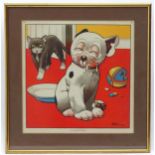 George Ernest Studdy (1874- 1948), Colour print, Naughty Bonzo, Bonzo the dog enjoying the cat's