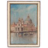 G. J., Early 20th century, Oil on board, Gondolas passing Santa Maria della Salute, Venice.