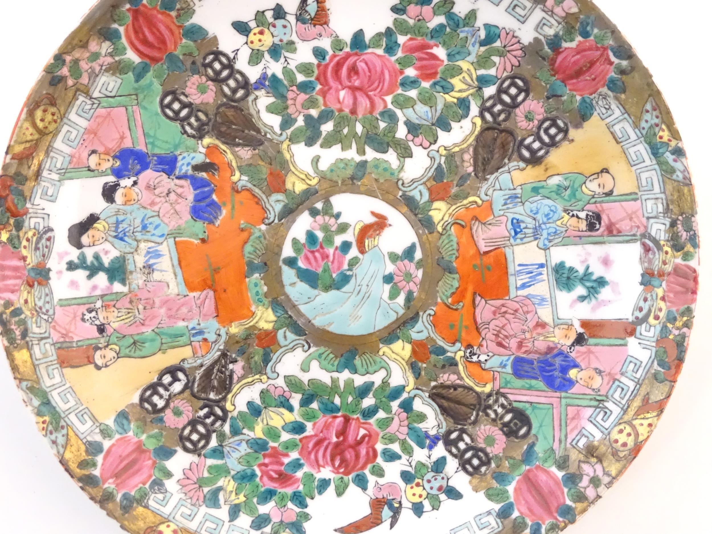 A Chinese / Cantonese plate with panelled decoration depicting flowers, foliage, birds and - Image 3 of 3