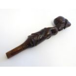 A Victorian carved walking cane handle modelled as a woman wearing a hat. Approx. 7 1/4" Please Note