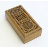 A Victorian chip carved wooden sealing wax box with window tracery detail to lid. Approx. 4"