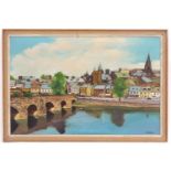 A. B. Williams, 20th century, Oil on canvas, A Continental townscape depicting a bridge over a