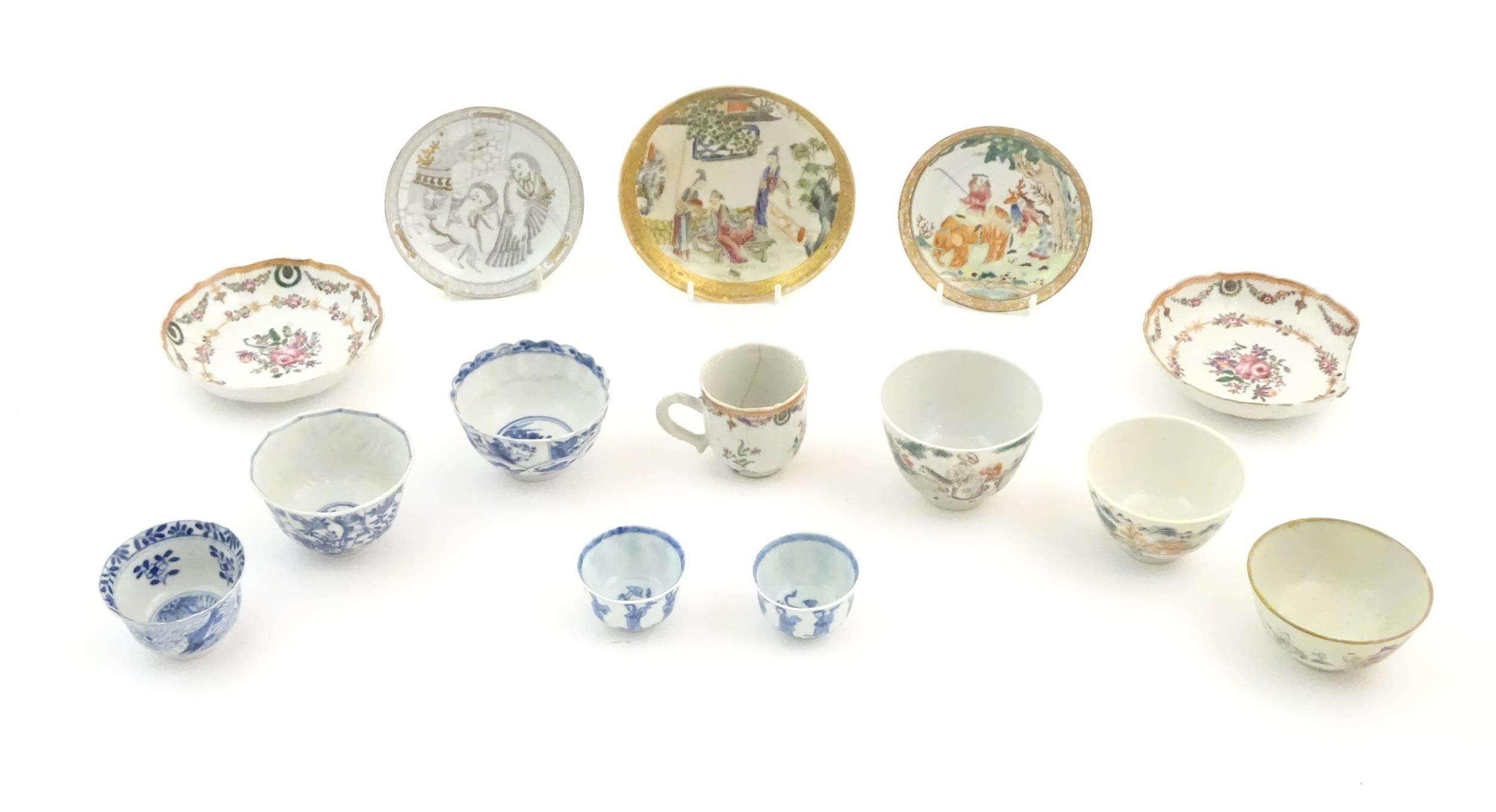 A quantity of assorted Chinese tea bowls, wine cups and saucers. Saucer decoration to include a