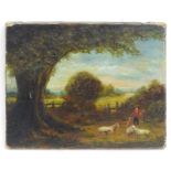 19th century, Oil on canvas, A landscape scene with a young shepherd with sheep. Approx. 7 1/2" x