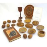 Ercol : A quantity of assorted treen turned wooden items to include models of eggs, roundel with