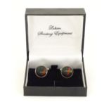 Shooting: a boxed pair of Laksen cufflinks, with silk pheasant decoration, each 3/4" long Please