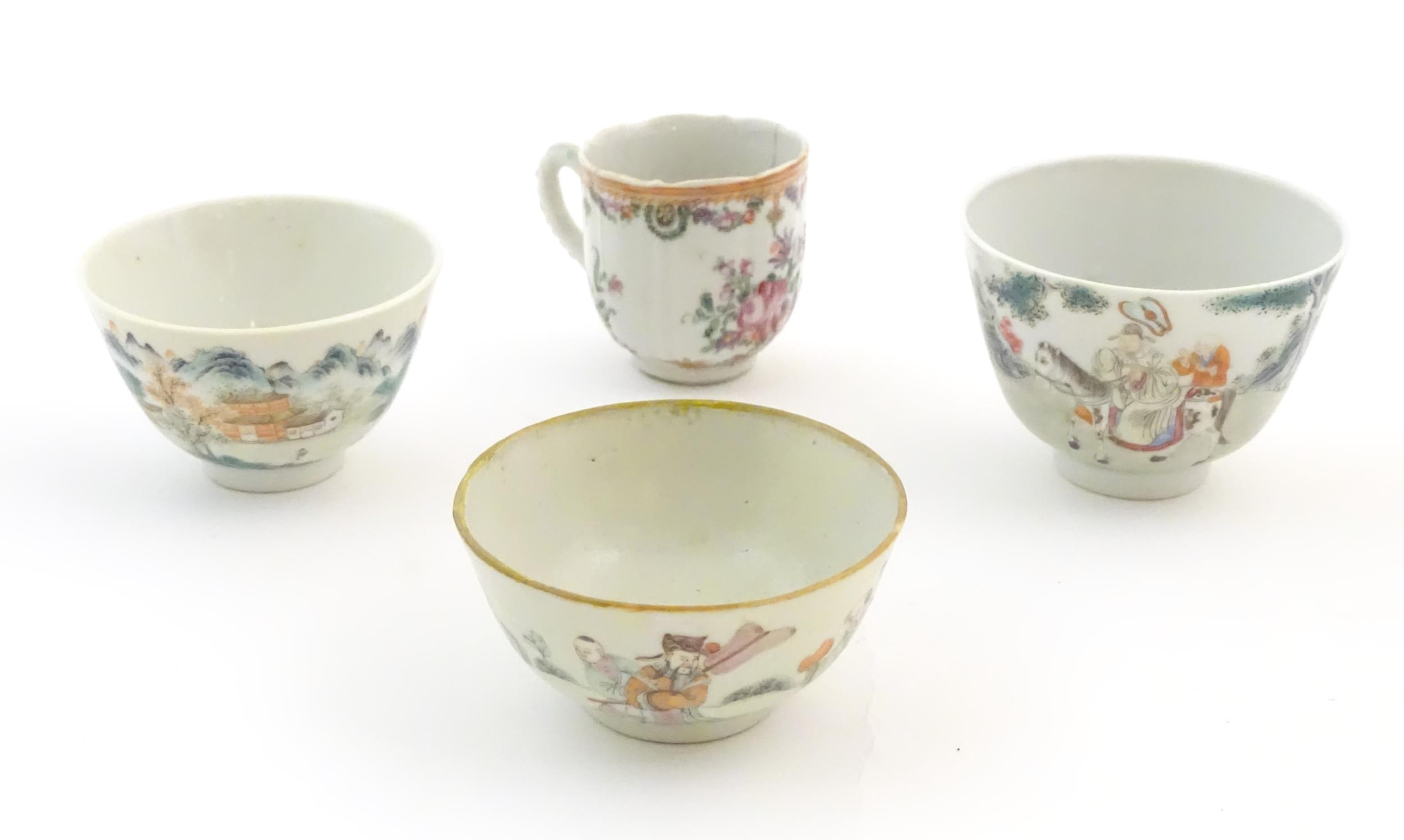 A quantity of assorted Chinese tea bowls, wine cups and saucers. Saucer decoration to include a - Image 8 of 12