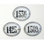 Three 20thC Continental enamel number plaques / cellar bin numbers of oval form, comprising 1536,