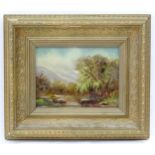 20th century, Oil on board, A mountainous landscape scene with a rocky river. Approx. 5 1/2" x 7 1/