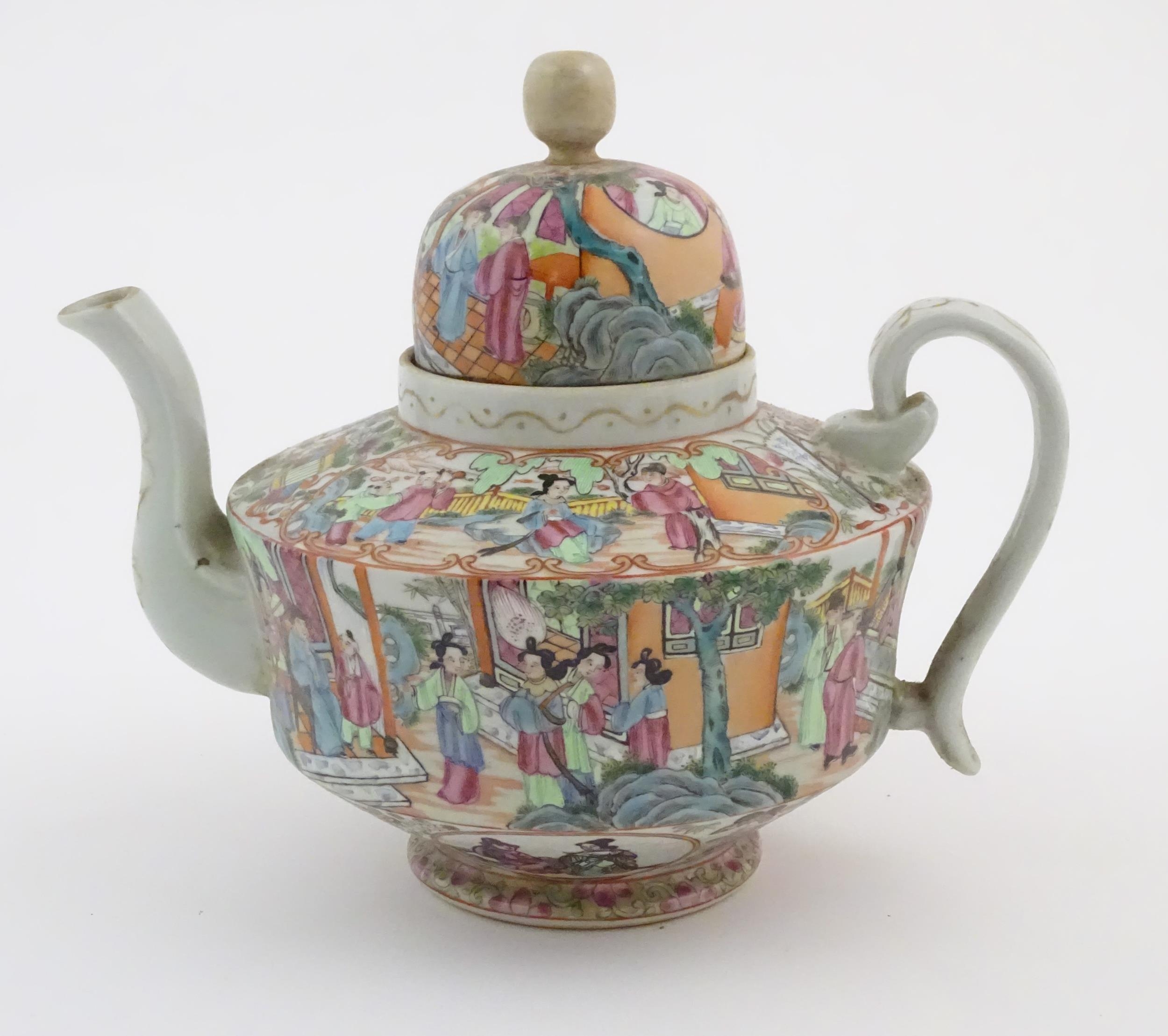 A Chinese famille rose teapot decorated with figures drinking tea, figures on a terrace with fans, - Image 5 of 9