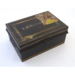 A late 19th / early 20thC tole peinte twin handled strong box / document box with light