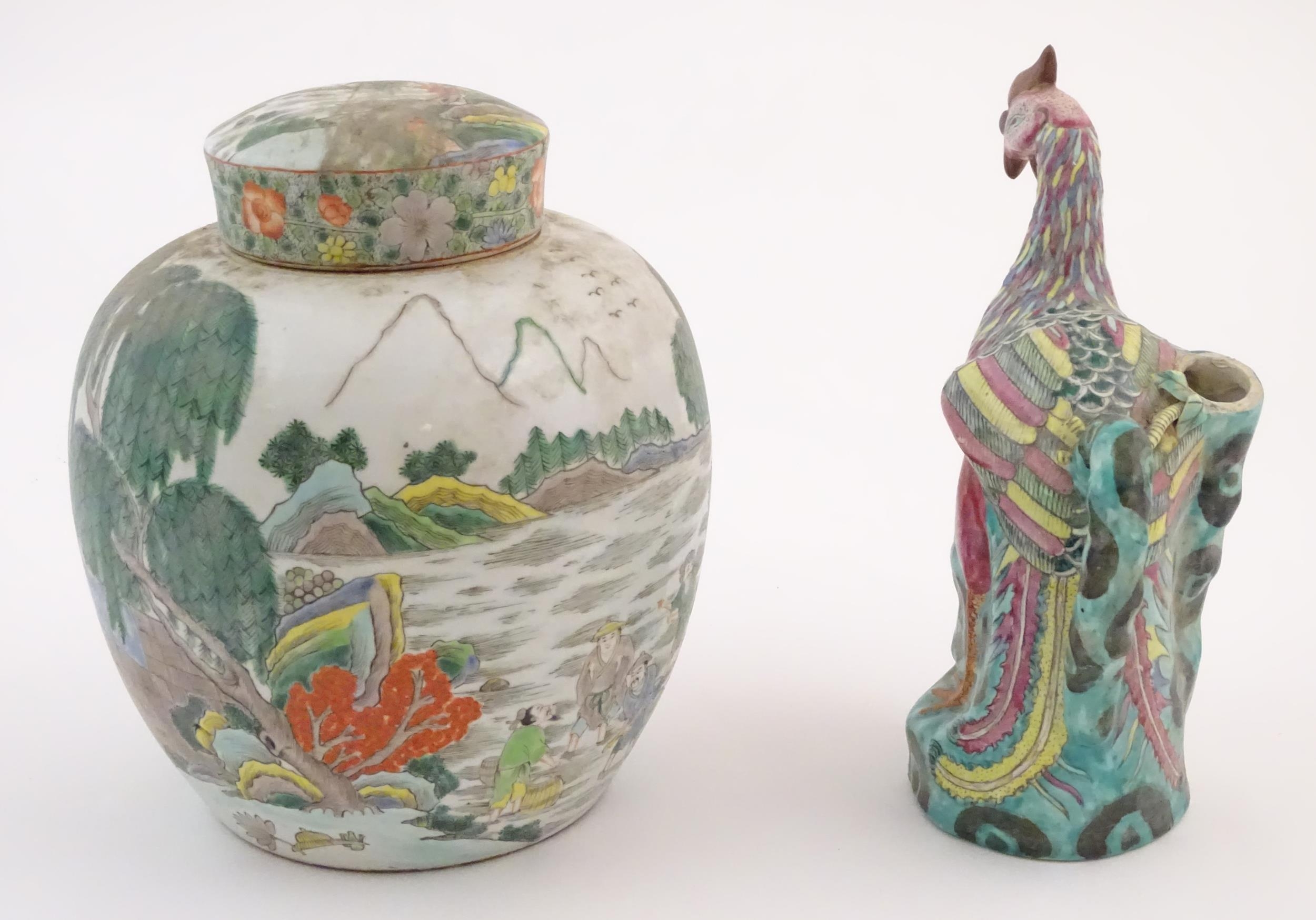 A Chinese ginger jar depicting a wooded river scene with figures on boats, to include men, women, - Image 5 of 8