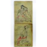 20th century, Persian School, Two hand coloured prints, Two seated ladies in a landscape with a