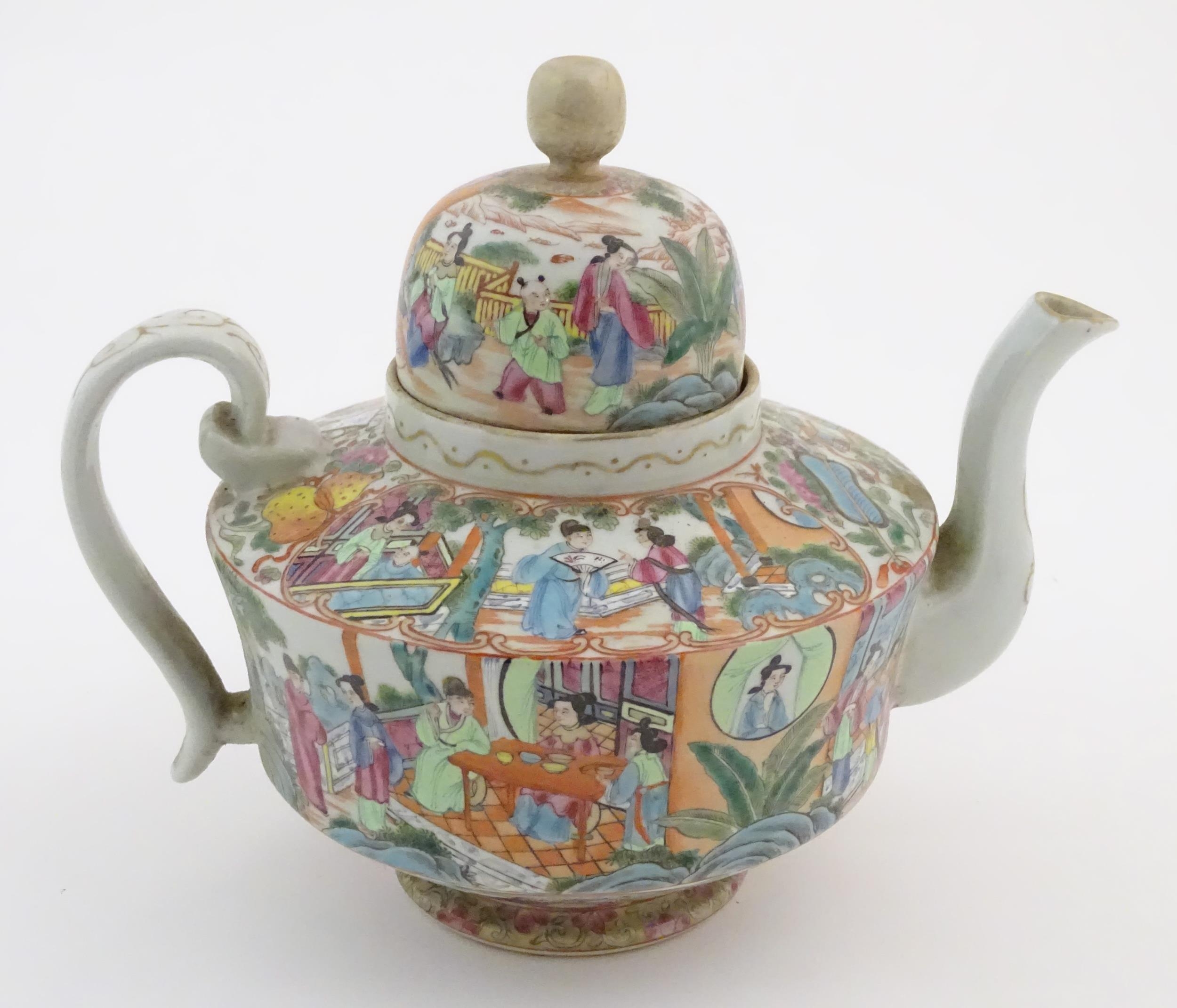 A Chinese famille rose teapot decorated with figures drinking tea, figures on a terrace with fans, - Image 6 of 9