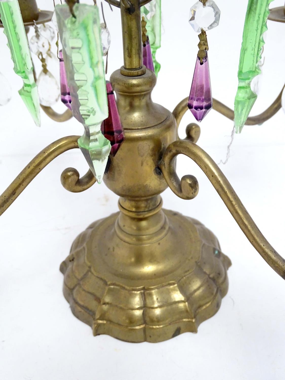 A 20thC brass candelabra / candelabrum with four branches and cups, decorated with red, green, - Image 6 of 10
