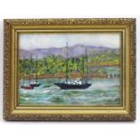20th century, Oil on board, A coastal scene with moored boats and mountains beyond. Approx. 4 3/4" x