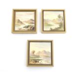 Three hand painted tiles depicting a river landscape scene with mountains. 6" x 6" (3) Please Note -