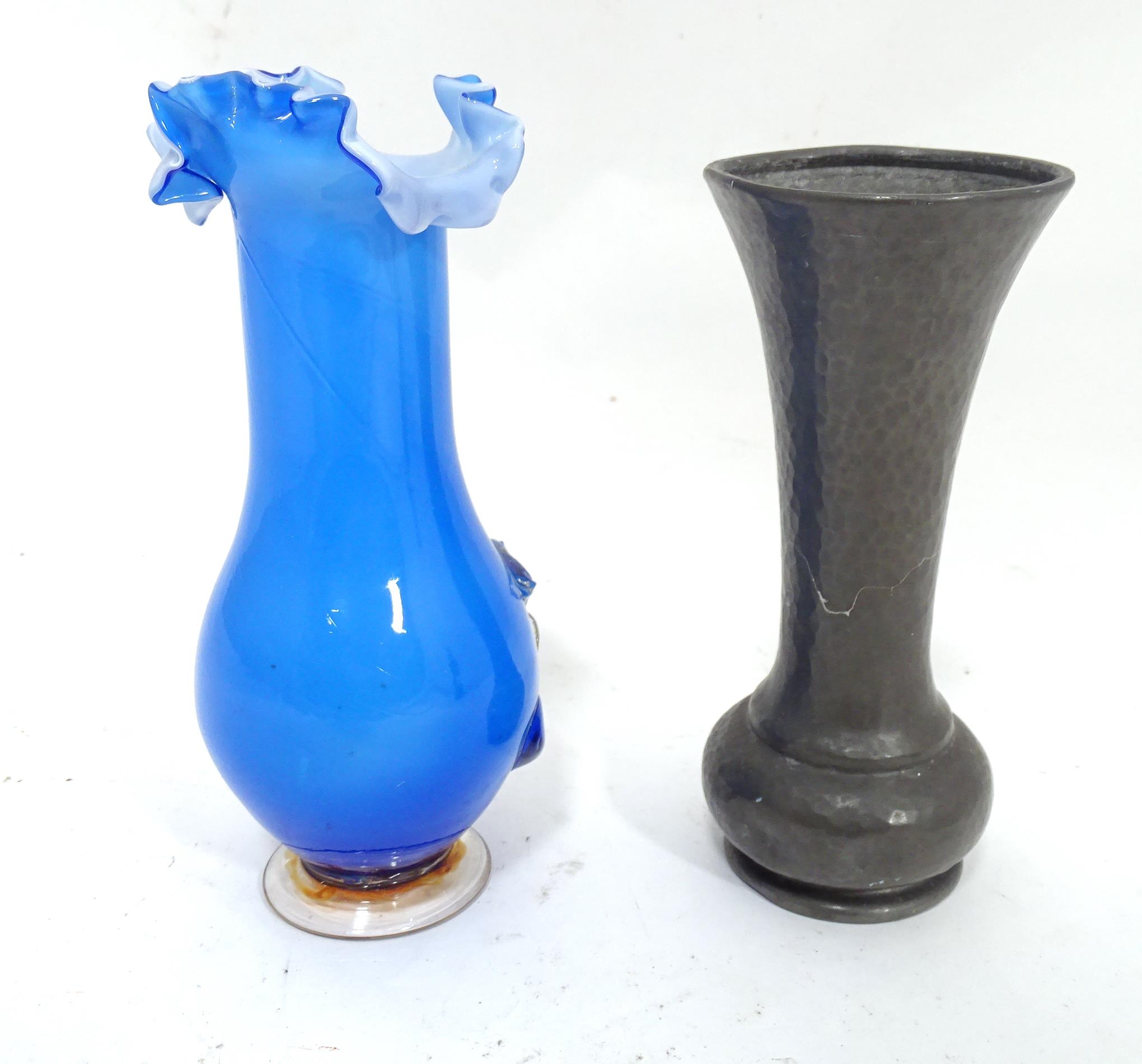 An Arts and Crafts Tudric pewter vase together with an Art glass vase (2) Please Note - we do not - Image 4 of 6