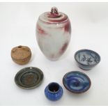 A quantity of assorted studio pottery wares comprising a lidded vase with RW maker's mark,