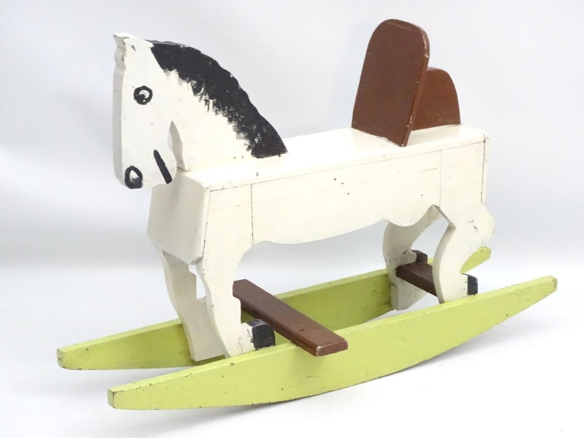 Rocking horse : a scratch built and painted wooden rocking horse on bows with brown painted back and - Image 6 of 10