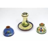 Three pieces of motto ware, Longpark Torquay inkwell, Aller Vale inkwell and cover, Cockerel