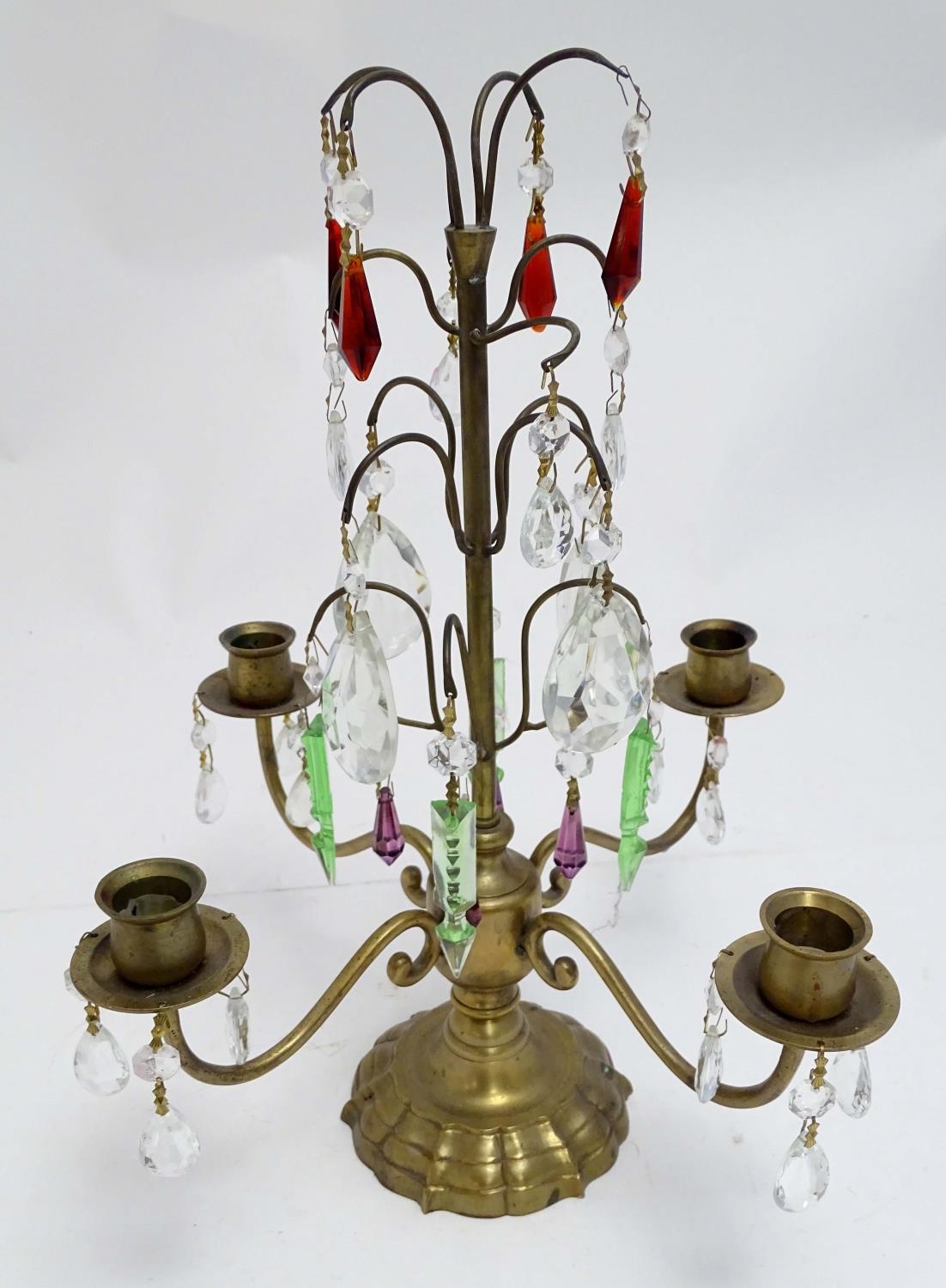 A 20thC brass candelabra / candelabrum with four branches and cups, decorated with red, green, - Image 5 of 10